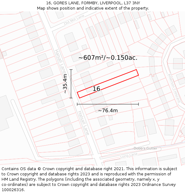 16, GORES LANE, FORMBY, LIVERPOOL, L37 3NY: Plot and title map