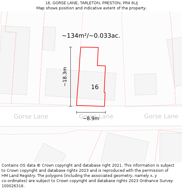 16, GORSE LANE, TARLETON, PRESTON, PR4 6UJ: Plot and title map