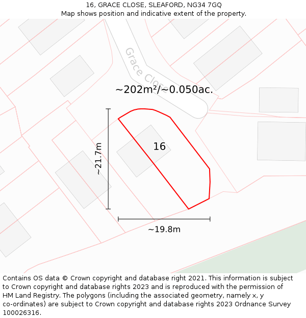 16, GRACE CLOSE, SLEAFORD, NG34 7GQ: Plot and title map