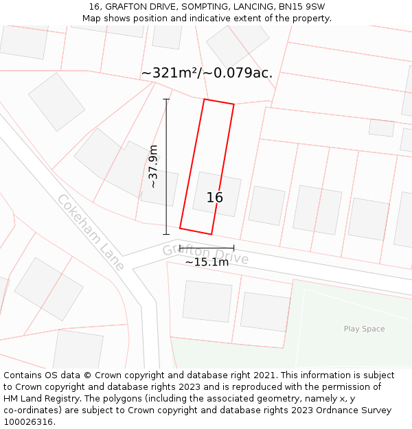 16, GRAFTON DRIVE, SOMPTING, LANCING, BN15 9SW: Plot and title map