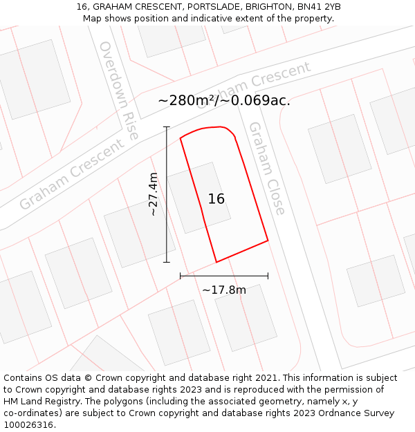 16, GRAHAM CRESCENT, PORTSLADE, BRIGHTON, BN41 2YB: Plot and title map