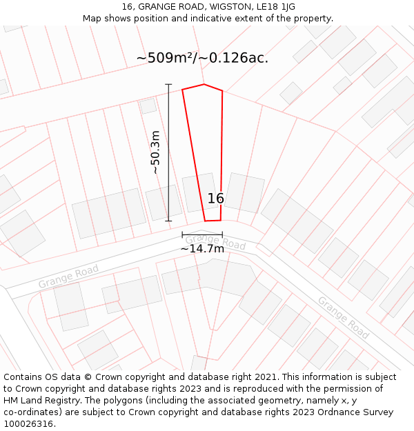 16, GRANGE ROAD, WIGSTON, LE18 1JG: Plot and title map