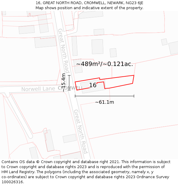 16, GREAT NORTH ROAD, CROMWELL, NEWARK, NG23 6JE: Plot and title map