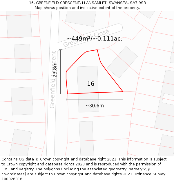 16, GREENFIELD CRESCENT, LLANSAMLET, SWANSEA, SA7 9SR: Plot and title map