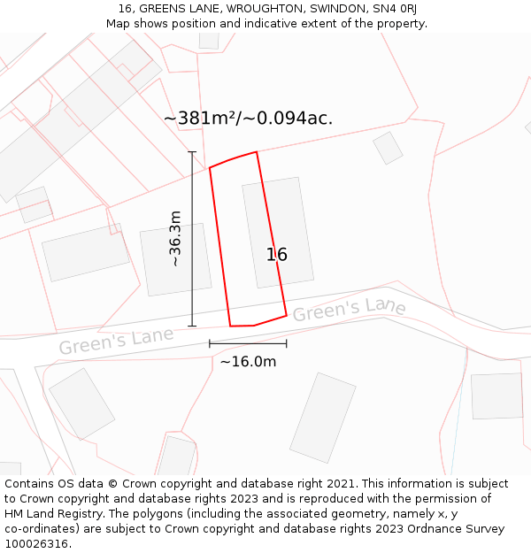 16, GREENS LANE, WROUGHTON, SWINDON, SN4 0RJ: Plot and title map