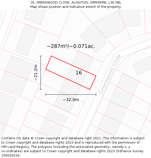 16, GREENWOOD CLOSE, AUGHTON, ORMSKIRK, L39 5BL: Plot and title map