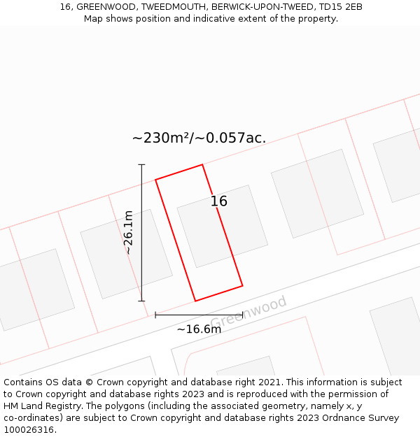 16, GREENWOOD, TWEEDMOUTH, BERWICK-UPON-TWEED, TD15 2EB: Plot and title map