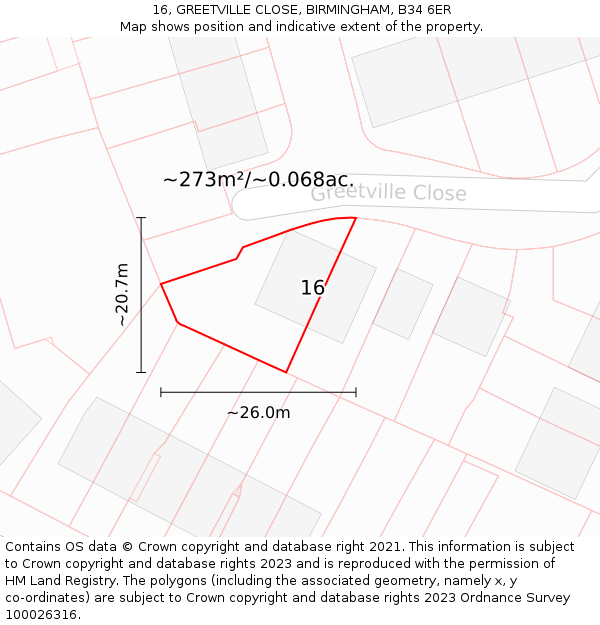 16, GREETVILLE CLOSE, BIRMINGHAM, B34 6ER: Plot and title map