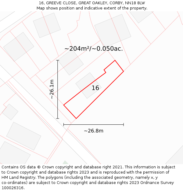 16, GREEVE CLOSE, GREAT OAKLEY, CORBY, NN18 8LW: Plot and title map
