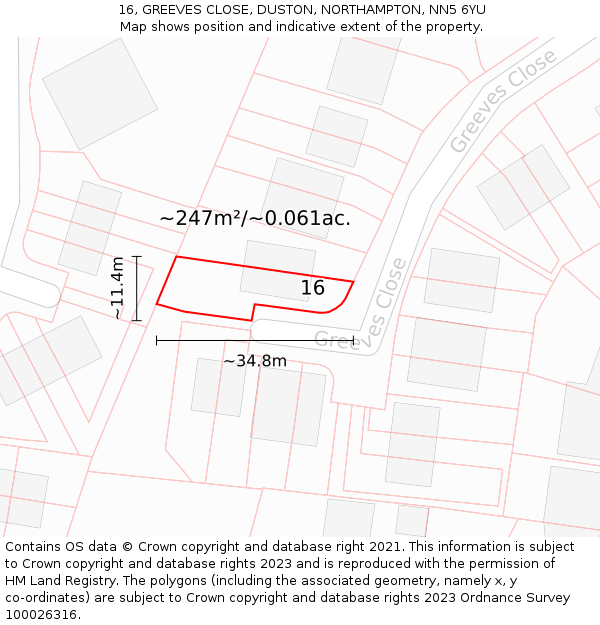 16, GREEVES CLOSE, DUSTON, NORTHAMPTON, NN5 6YU: Plot and title map