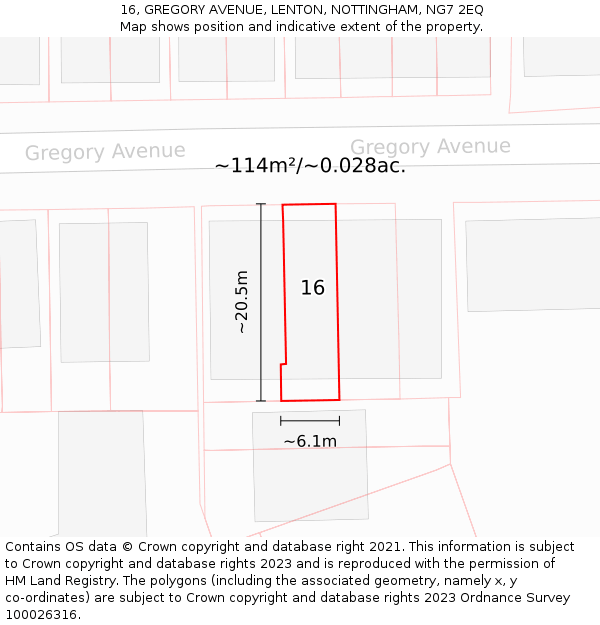 16, GREGORY AVENUE, LENTON, NOTTINGHAM, NG7 2EQ: Plot and title map