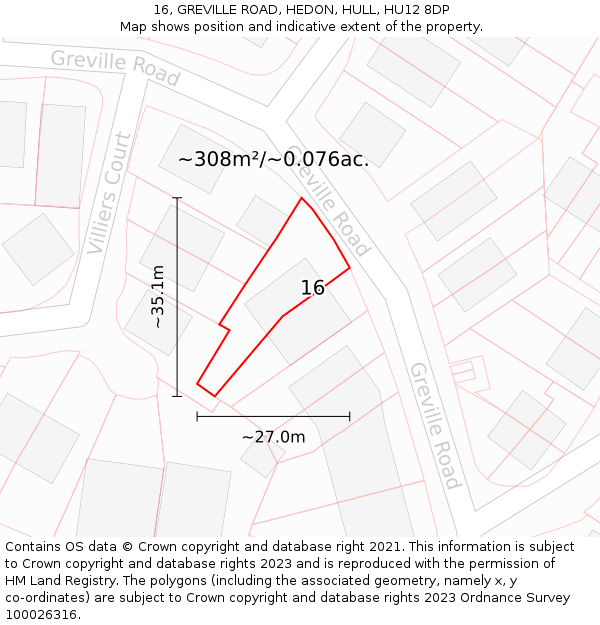 16, GREVILLE ROAD, HEDON, HULL, HU12 8DP: Plot and title map