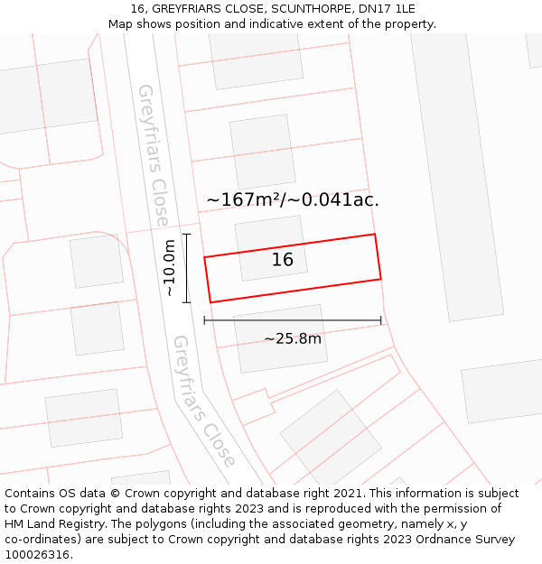 16, GREYFRIARS CLOSE, SCUNTHORPE, DN17 1LE: Plot and title map