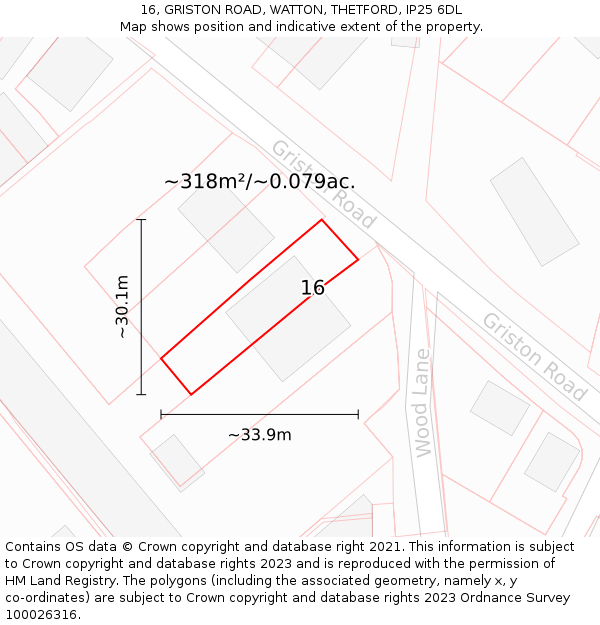 16, GRISTON ROAD, WATTON, THETFORD, IP25 6DL: Plot and title map