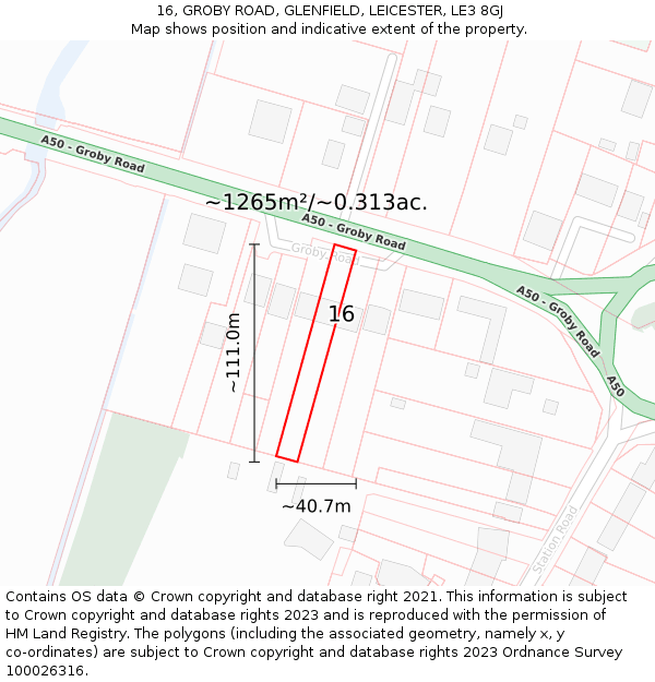 16, GROBY ROAD, GLENFIELD, LEICESTER, LE3 8GJ: Plot and title map