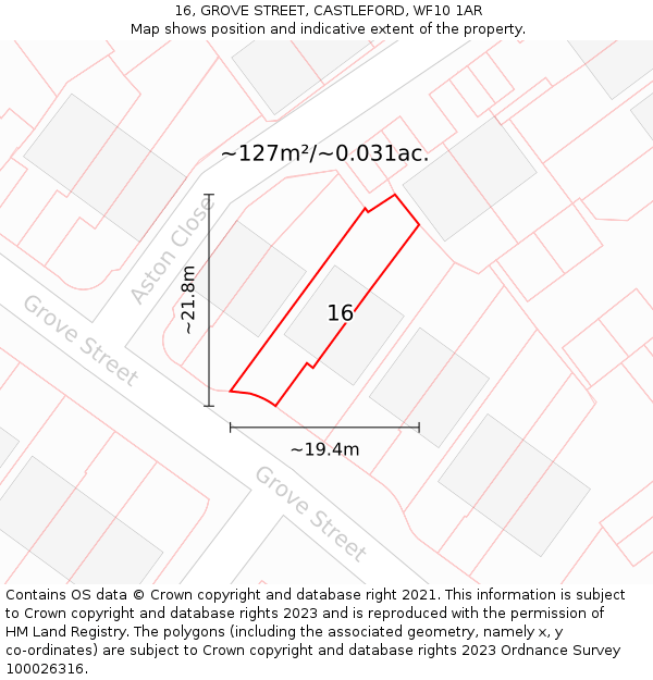 16, GROVE STREET, CASTLEFORD, WF10 1AR: Plot and title map