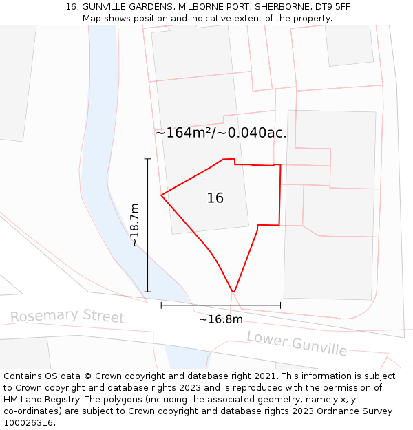 16, GUNVILLE GARDENS, MILBORNE PORT, SHERBORNE, DT9 5FF: Plot and title map