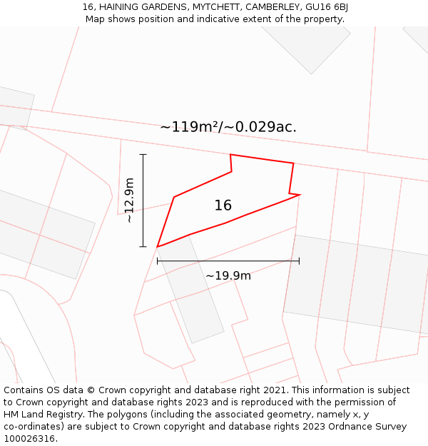 16, HAINING GARDENS, MYTCHETT, CAMBERLEY, GU16 6BJ: Plot and title map