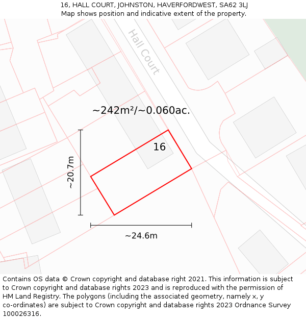 16, HALL COURT, JOHNSTON, HAVERFORDWEST, SA62 3LJ: Plot and title map