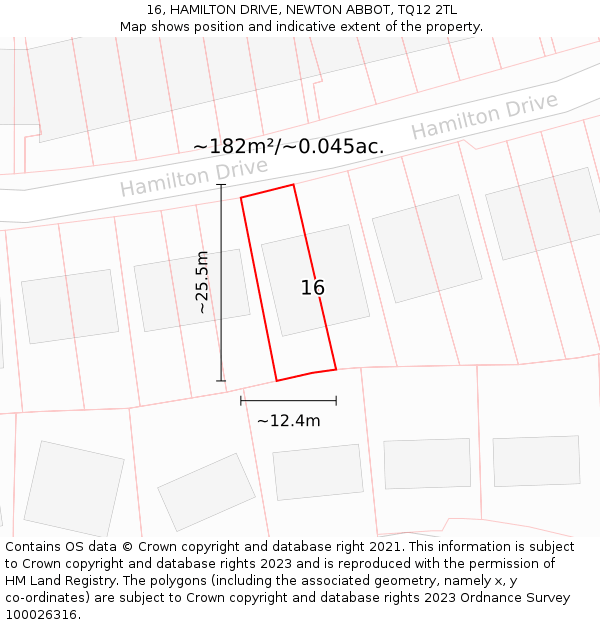 16, HAMILTON DRIVE, NEWTON ABBOT, TQ12 2TL: Plot and title map