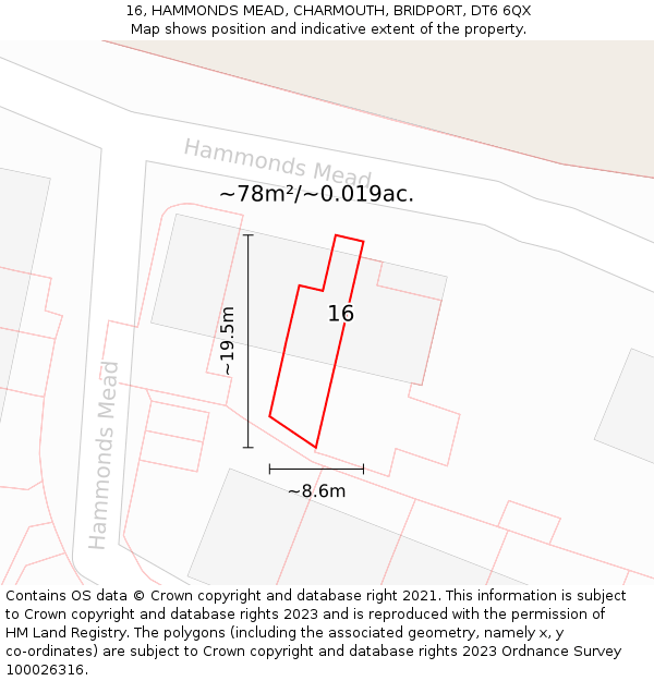 16, HAMMONDS MEAD, CHARMOUTH, BRIDPORT, DT6 6QX: Plot and title map