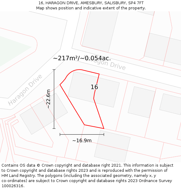 16, HARAGON DRIVE, AMESBURY, SALISBURY, SP4 7FT: Plot and title map