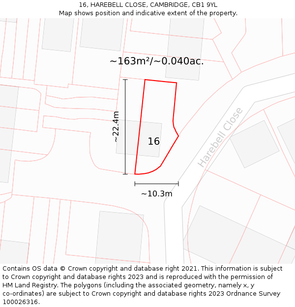 16, HAREBELL CLOSE, CAMBRIDGE, CB1 9YL: Plot and title map