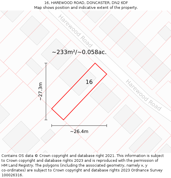 16, HAREWOOD ROAD, DONCASTER, DN2 6DF: Plot and title map