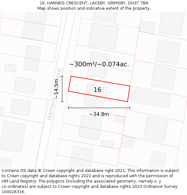 16, HARNEIS CRESCENT, LACEBY, GRIMSBY, DN37 7BA: Plot and title map