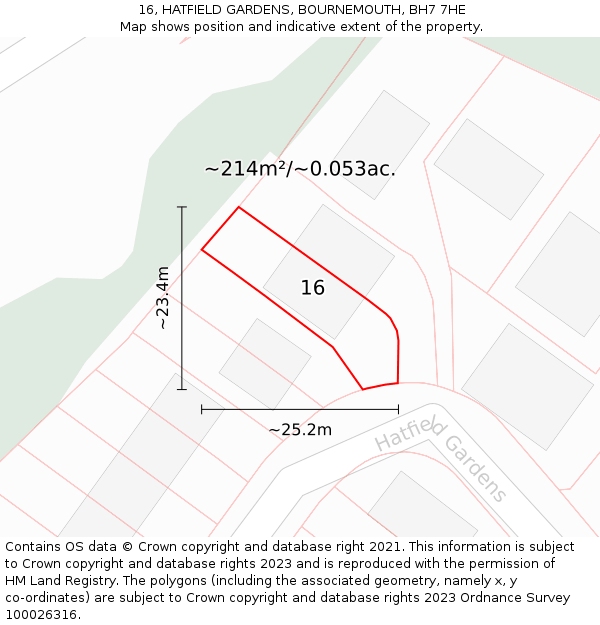 16, HATFIELD GARDENS, BOURNEMOUTH, BH7 7HE: Plot and title map
