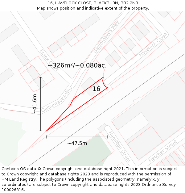 16, HAVELOCK CLOSE, BLACKBURN, BB2 2NB: Plot and title map