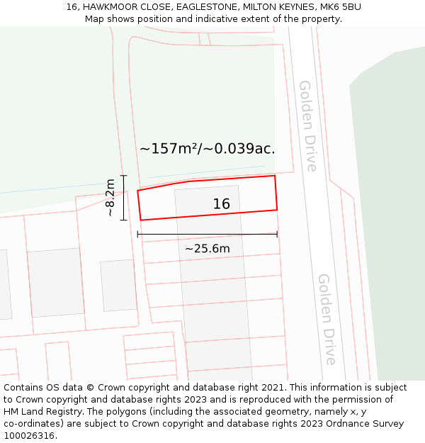 16, HAWKMOOR CLOSE, EAGLESTONE, MILTON KEYNES, MK6 5BU: Plot and title map