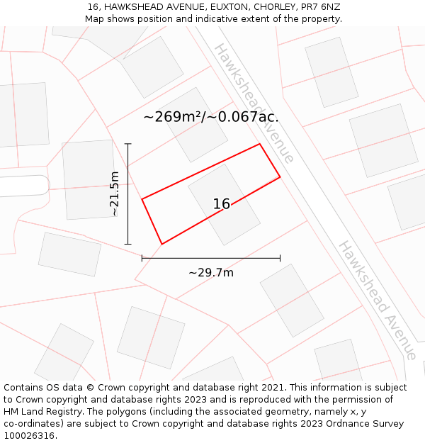 16, HAWKSHEAD AVENUE, EUXTON, CHORLEY, PR7 6NZ: Plot and title map