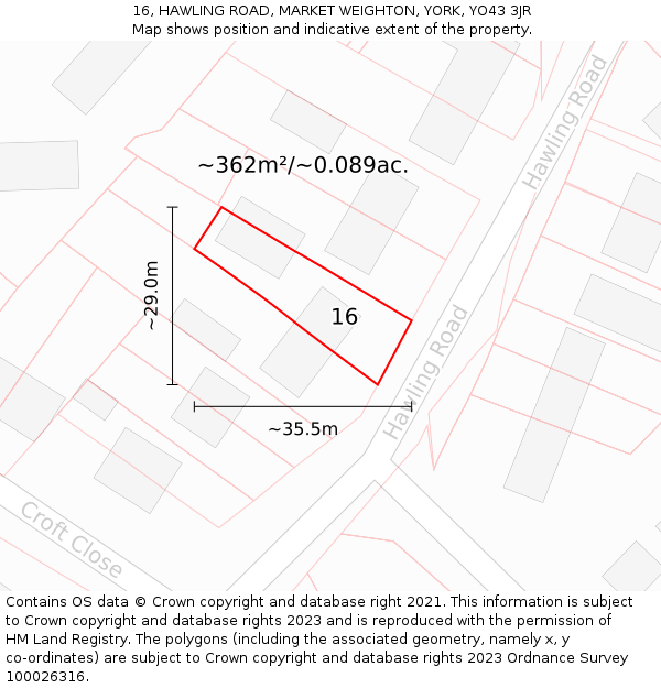 16, HAWLING ROAD, MARKET WEIGHTON, YORK, YO43 3JR: Plot and title map