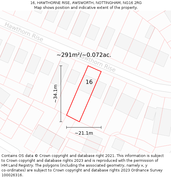 16, HAWTHORNE RISE, AWSWORTH, NOTTINGHAM, NG16 2RG: Plot and title map