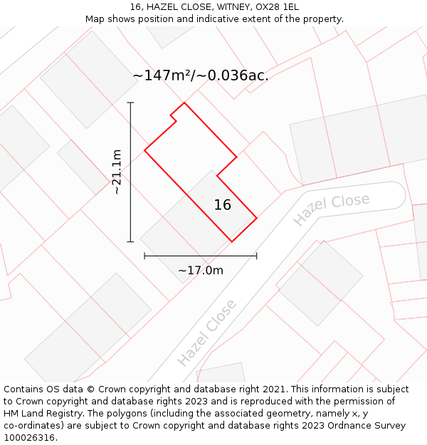 16, HAZEL CLOSE, WITNEY, OX28 1EL: Plot and title map