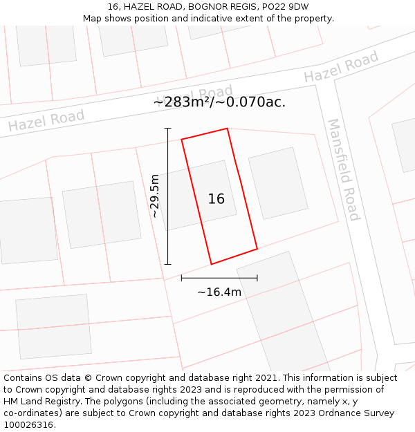 16, HAZEL ROAD, BOGNOR REGIS, PO22 9DW: Plot and title map