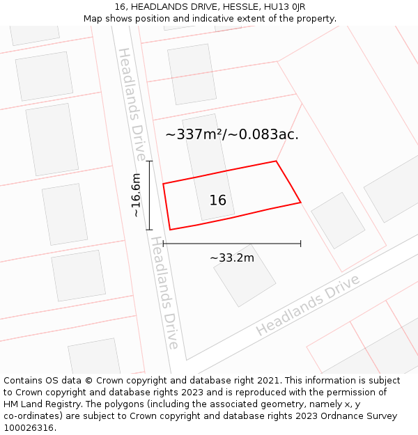 16, HEADLANDS DRIVE, HESSLE, HU13 0JR: Plot and title map