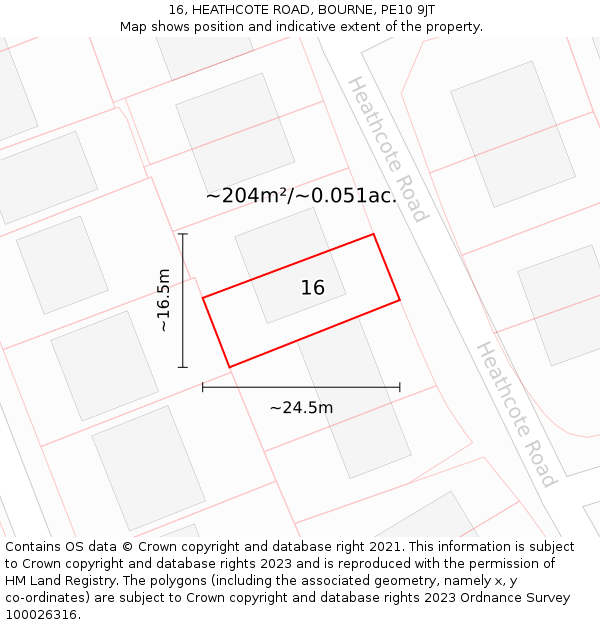 16, HEATHCOTE ROAD, BOURNE, PE10 9JT: Plot and title map