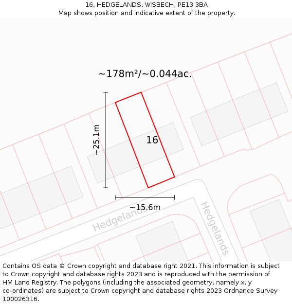 16, HEDGELANDS, WISBECH, PE13 3BA: Plot and title map