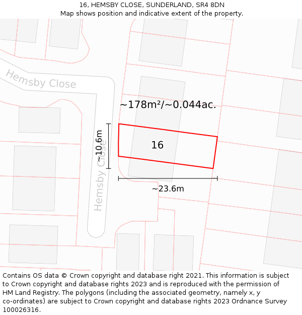 16, HEMSBY CLOSE, SUNDERLAND, SR4 8DN: Plot and title map