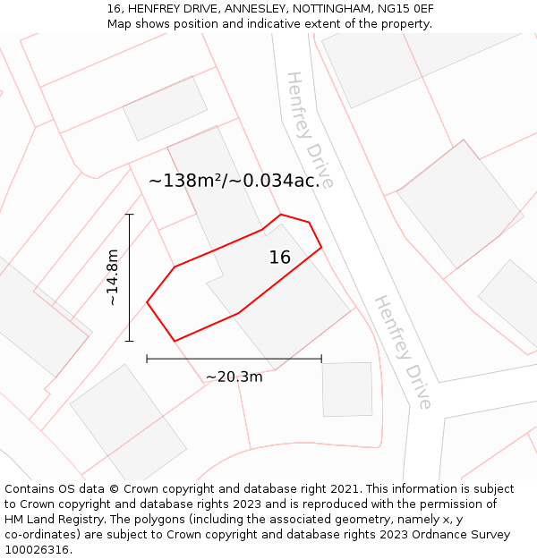 16, HENFREY DRIVE, ANNESLEY, NOTTINGHAM, NG15 0EF: Plot and title map