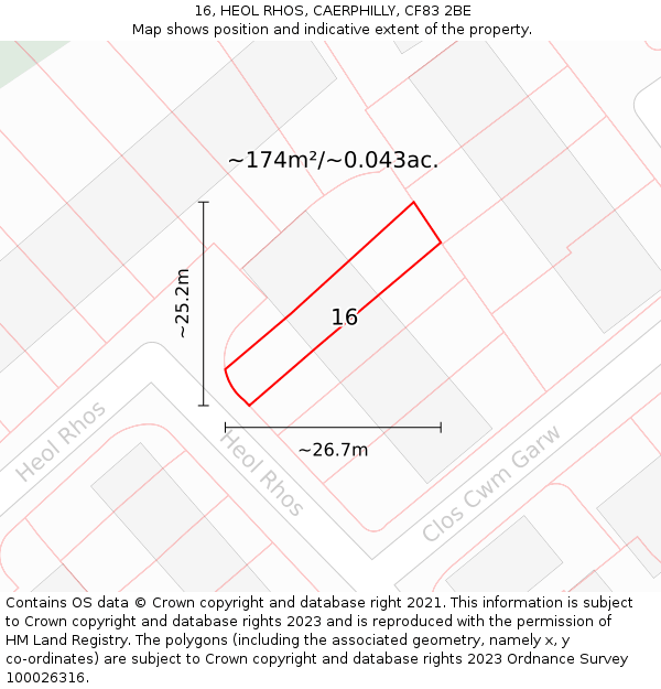 16, HEOL RHOS, CAERPHILLY, CF83 2BE: Plot and title map