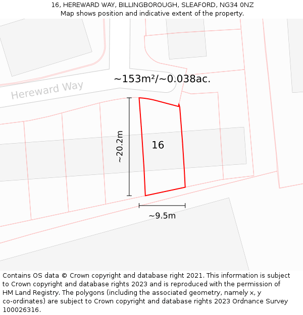 16, HEREWARD WAY, BILLINGBOROUGH, SLEAFORD, NG34 0NZ: Plot and title map