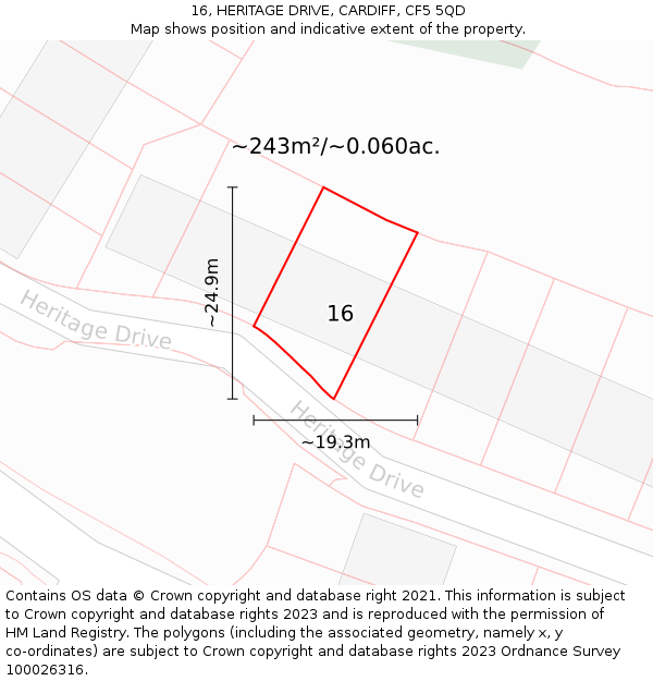 16, HERITAGE DRIVE, CARDIFF, CF5 5QD: Plot and title map