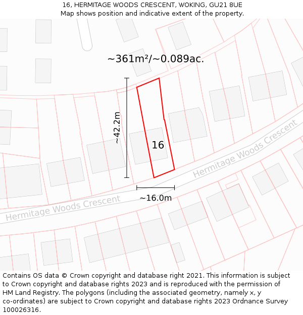 16, HERMITAGE WOODS CRESCENT, WOKING, GU21 8UE: Plot and title map