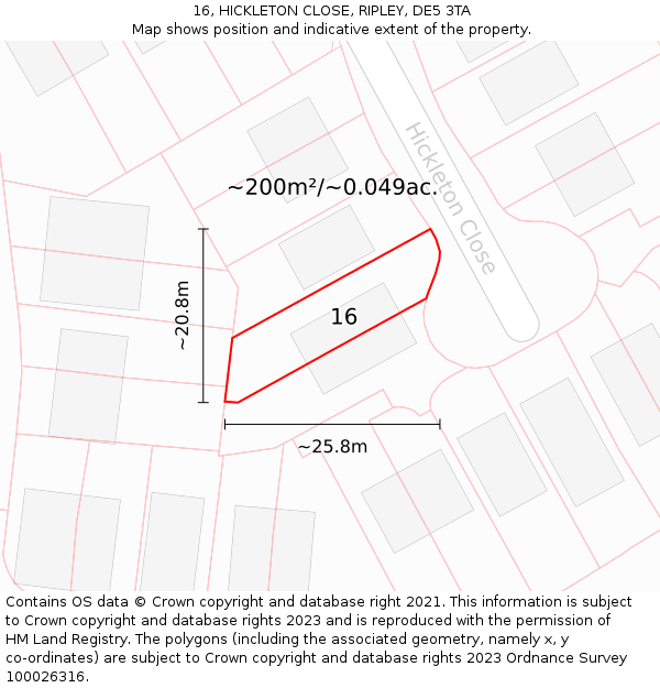 16, HICKLETON CLOSE, RIPLEY, DE5 3TA: Plot and title map