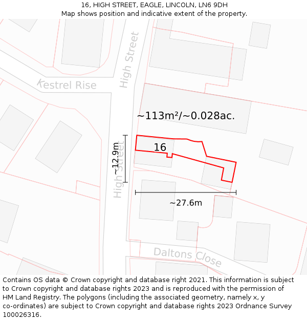 16, HIGH STREET, EAGLE, LINCOLN, LN6 9DH: Plot and title map