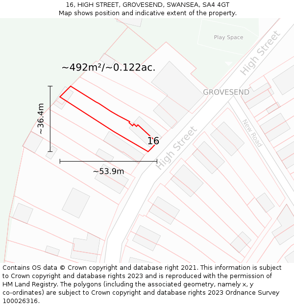 16, HIGH STREET, GROVESEND, SWANSEA, SA4 4GT: Plot and title map