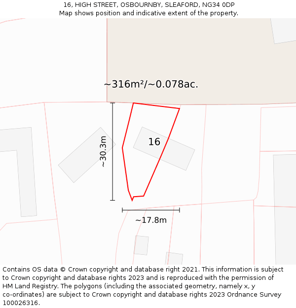 16, HIGH STREET, OSBOURNBY, SLEAFORD, NG34 0DP: Plot and title map